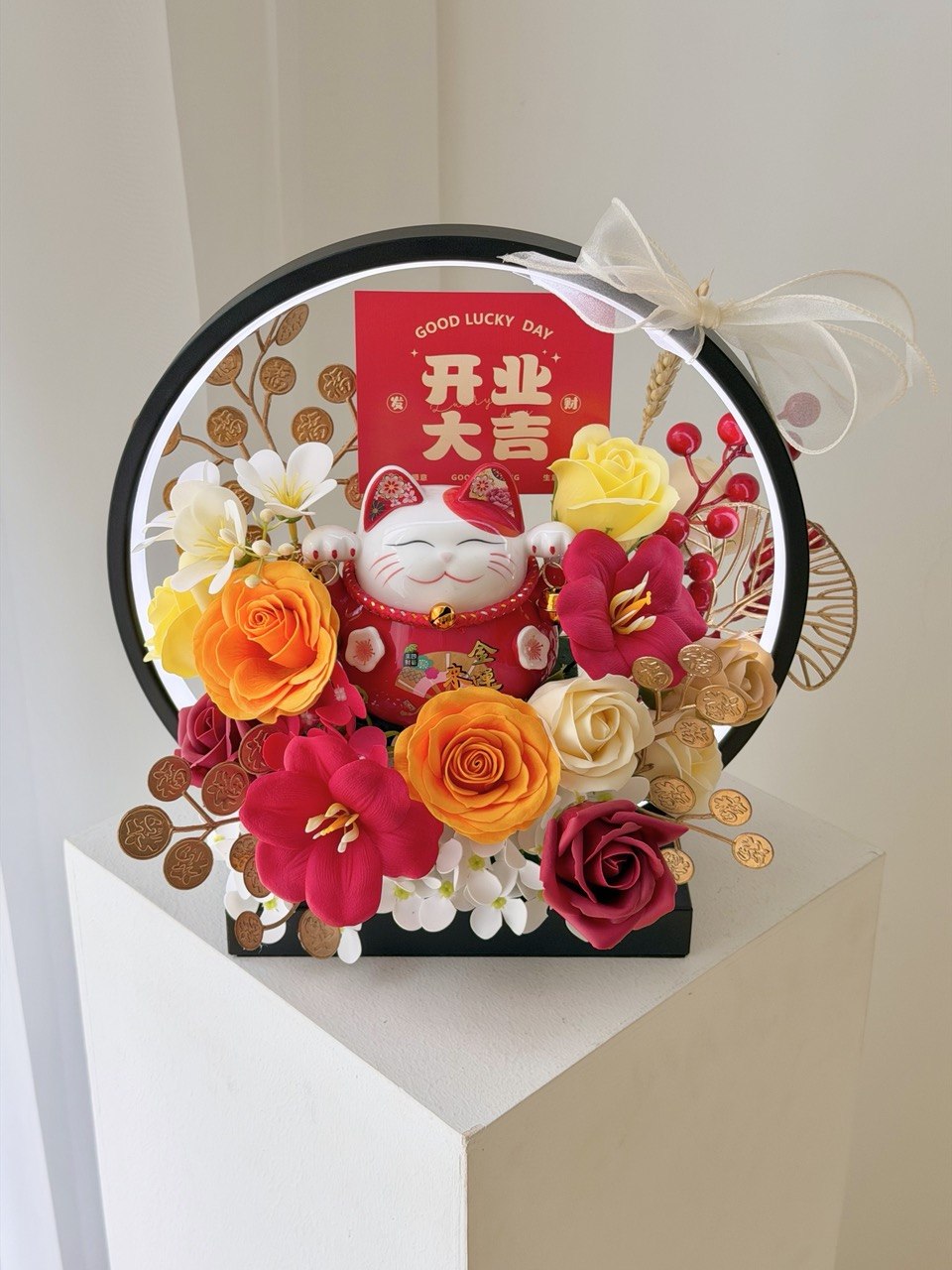 Maneki neko lucky cat with colourful flowers and LED ring, ideal for shop opening and business launch gift Selangor.