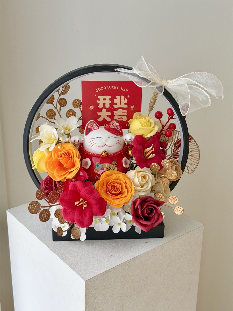 Business opening lucky cat flower arrangement with LED light, perfect grand opening gift with same day delivery Kuala Lumpur.