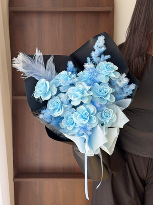 Premium blue soap flower rose bouquet that lasts over a year, perfect for Valentine's Day, anniversaries, and gifts in KL and Selangor.