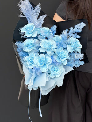Long-lasting blue soap flower arrangement with handcrafted roses and elegant wrapping by Hug and Heart Florist Sunway Geo.