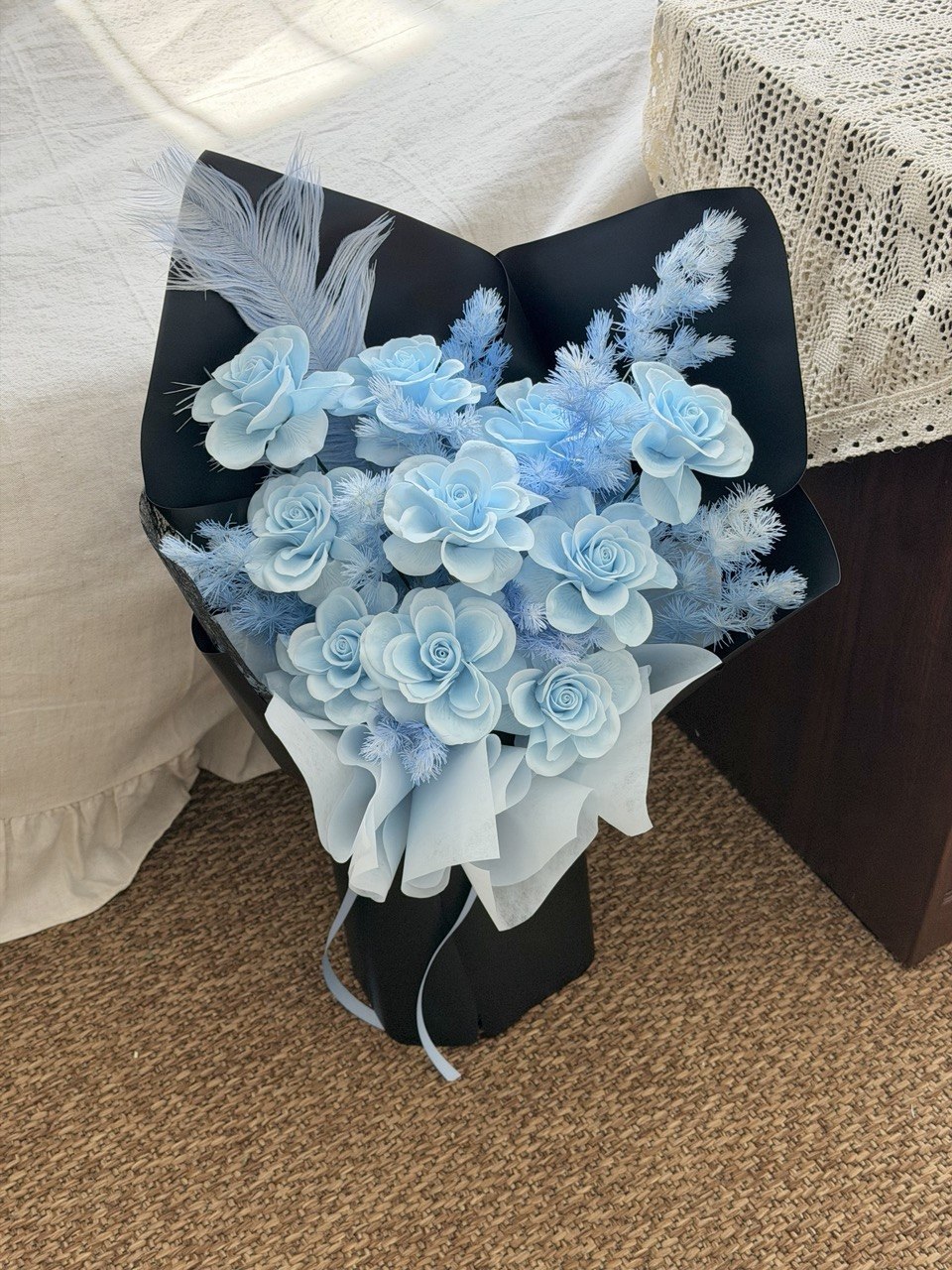 Long-lasting blue soap flower arrangement with handcrafted roses and elegant wrapping by Hug and Heart Florist Sunway Geo.