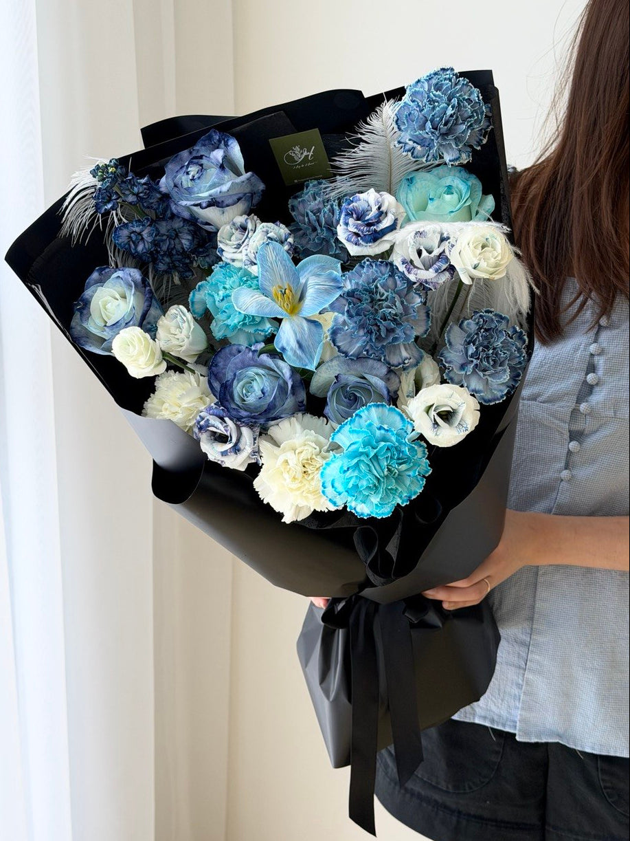 Dark blue flower bouquet with roses and carnations, perfect gift for men or blue lovers with same day delivery in Kuala Lumpur.