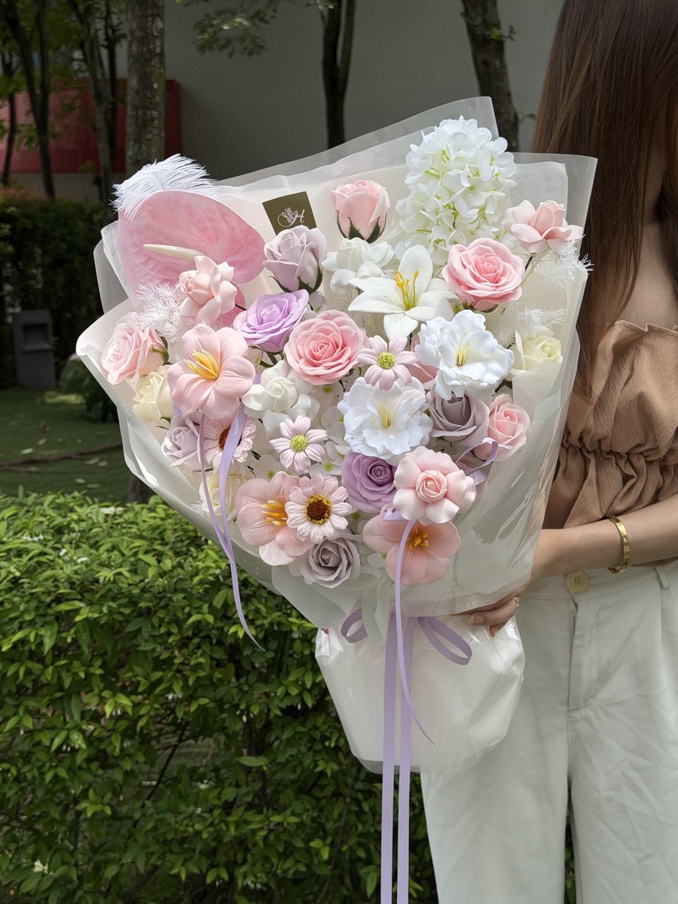 L size pink and purple soap flower bouquet with elegant white wrapping for Valentine's Day.