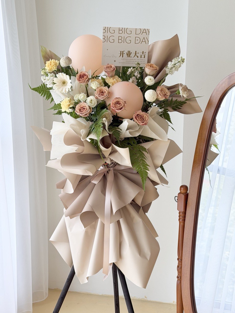 Grand opening flower stand with cappuccino rose and beige colour theme perfect for business opening gift at kuala lumpur and selangor.