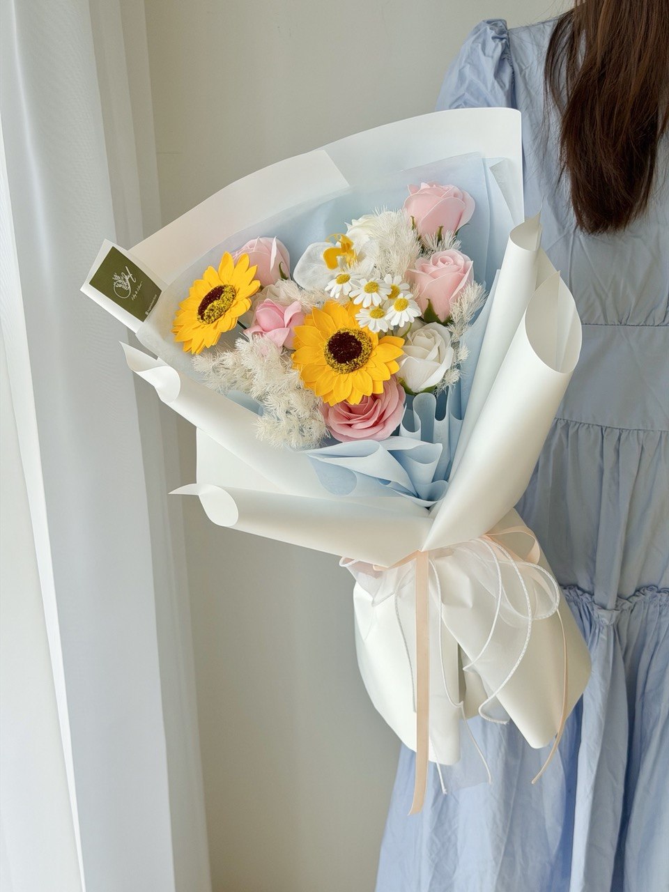 Blue theme soap flower bouquet featuring sunflower and mixed pink roses, ideal graduation gift with same day delivery Bukit Jalil.