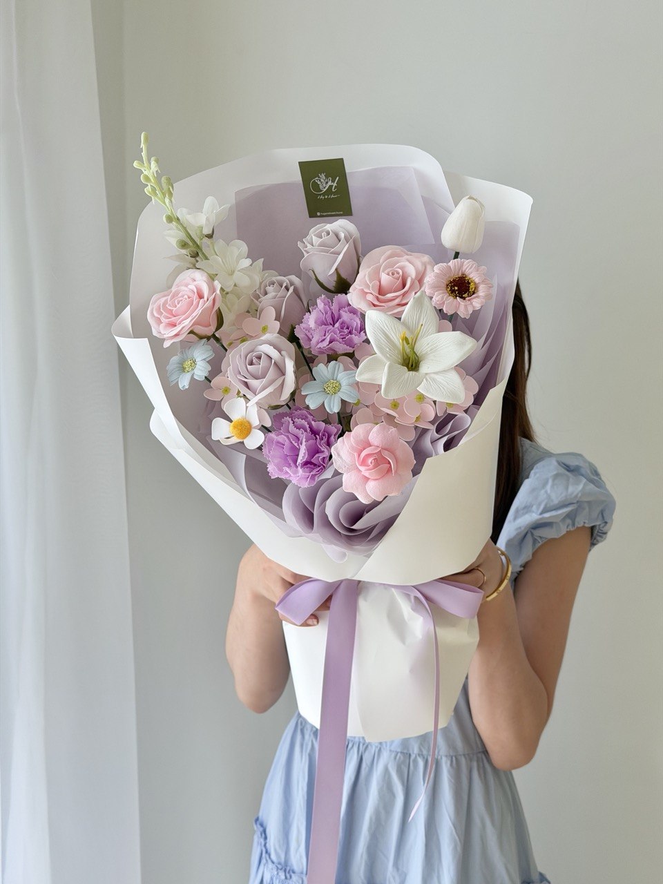 Beautiful purple themed soap flower bouquet with roses, carnations and lilies, same day flower delivery Selangor KL.