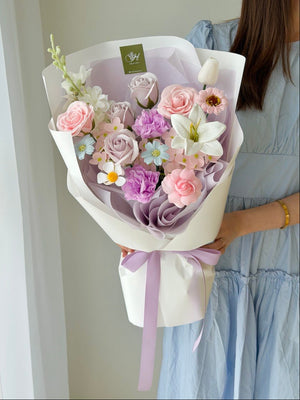 Purple theme mixed soap flower bouquet with roses and lilies, perfect for Mother’s Day gift, same day delivery Kuala Lumpur and Selangor.
