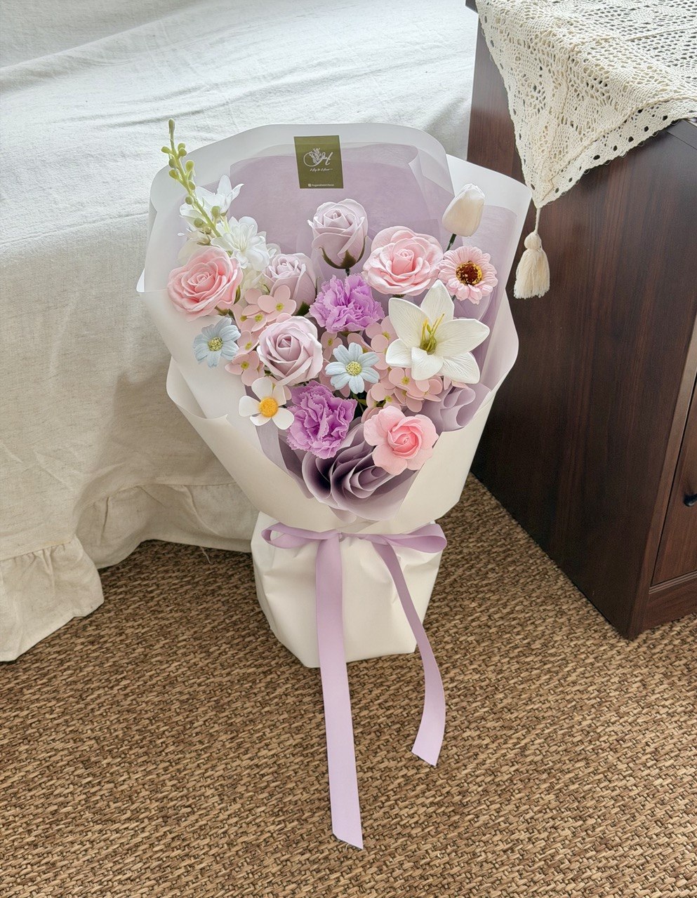 Elegant purple soap flower bouquet with mixed blooms, ideal for purple lovers and Mother’s Day, same day delivery KL Selangor.