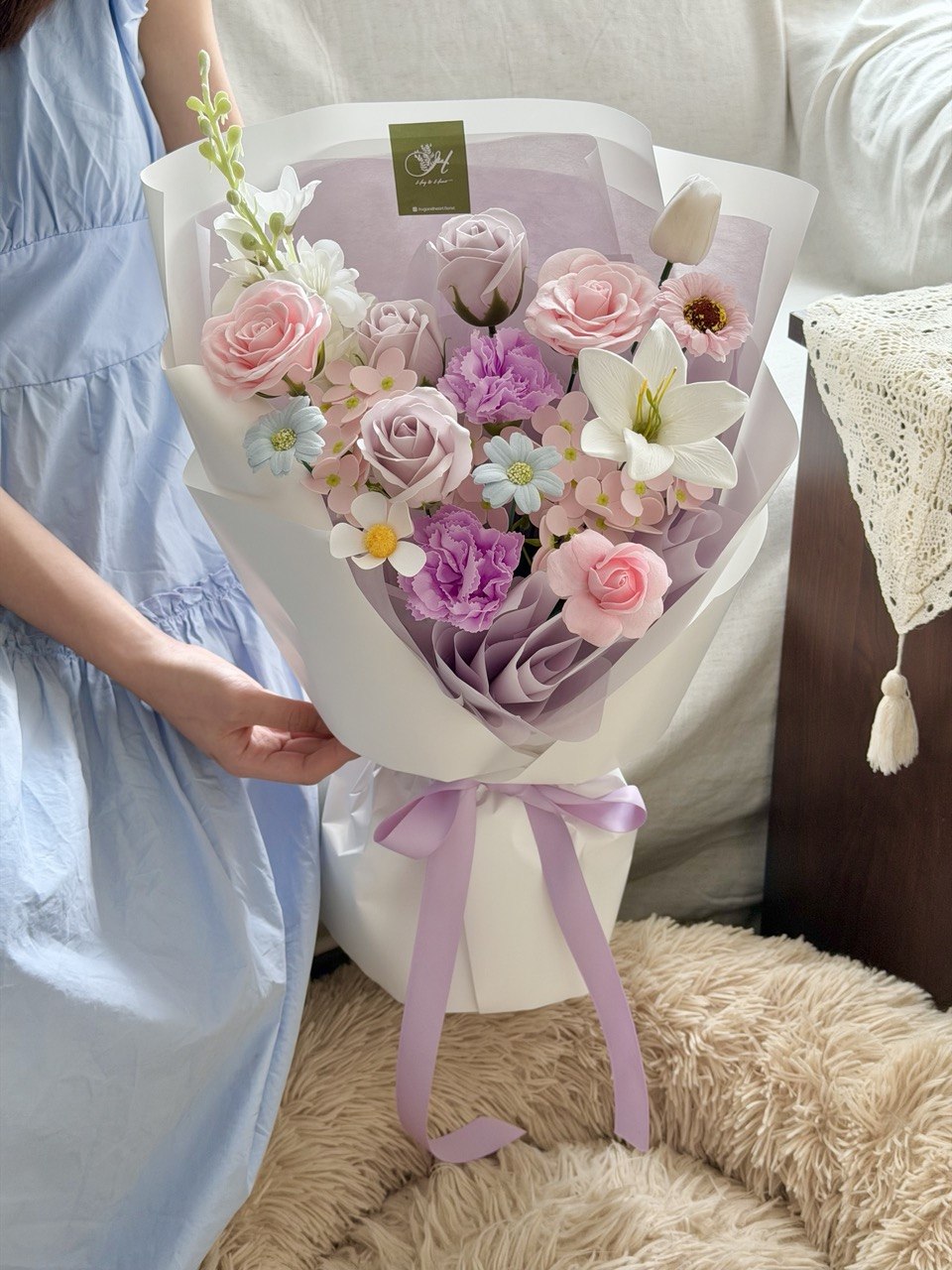 Premium mixed soap flower bouquet in soft purple tones, perfect Mother’s Day surprise with same day delivery Kuala Lumpur.