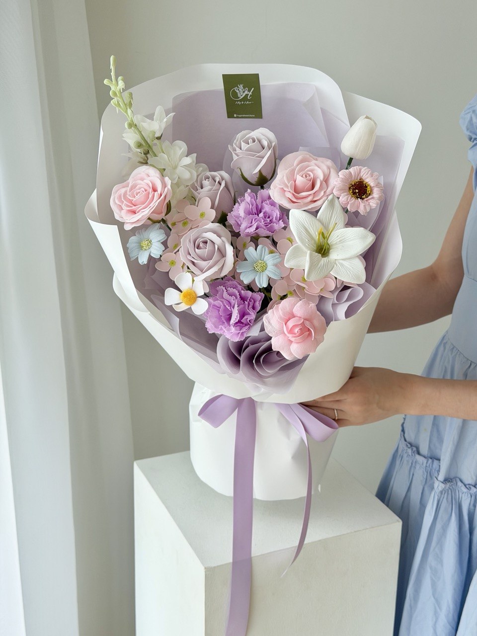 Pastel purple soap flower bouquet with assorted flowers, ideal for purple lovers, same day delivery in Kuala Lumpur and Selangor.