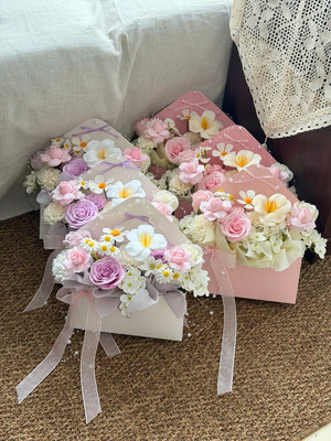 Everlasting soap flower letter bouquet featuring pink roses, lavender rose, white lily, and daisy flowers with same day delivery in KL & Selangor.