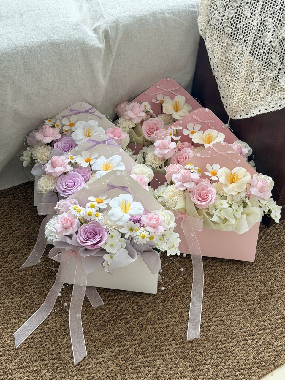 Everlasting soap flower letter bouquet featuring pink roses, lavender rose, white lily, and daisy flowers with same day delivery in KL & Selangor.