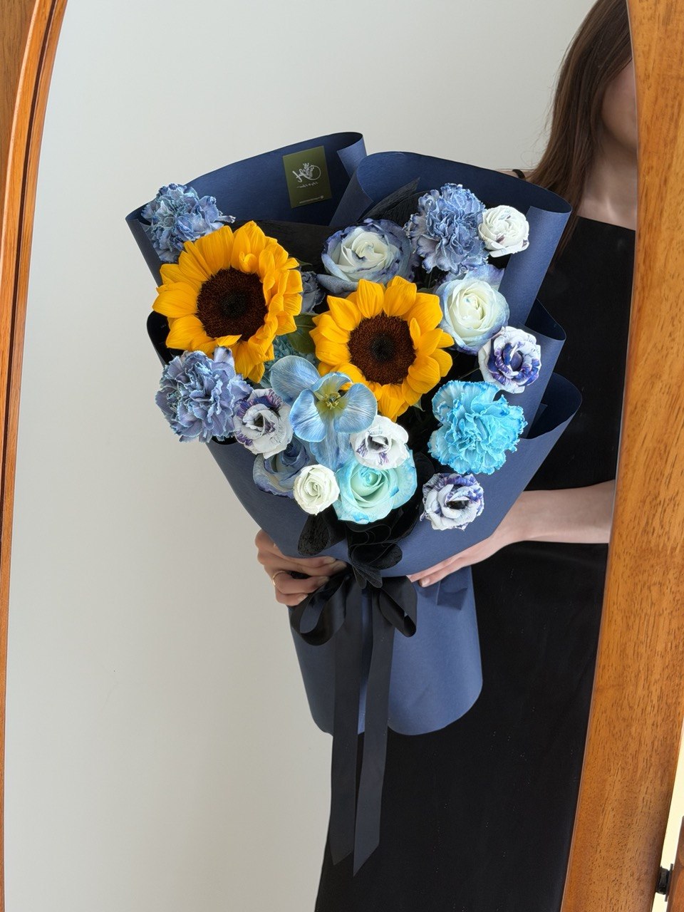Bright sunflower and blue theme bouquet with tulips, roses and carnations, perfect graduation gift Bukit Jalil Kuala Lumpur florist.