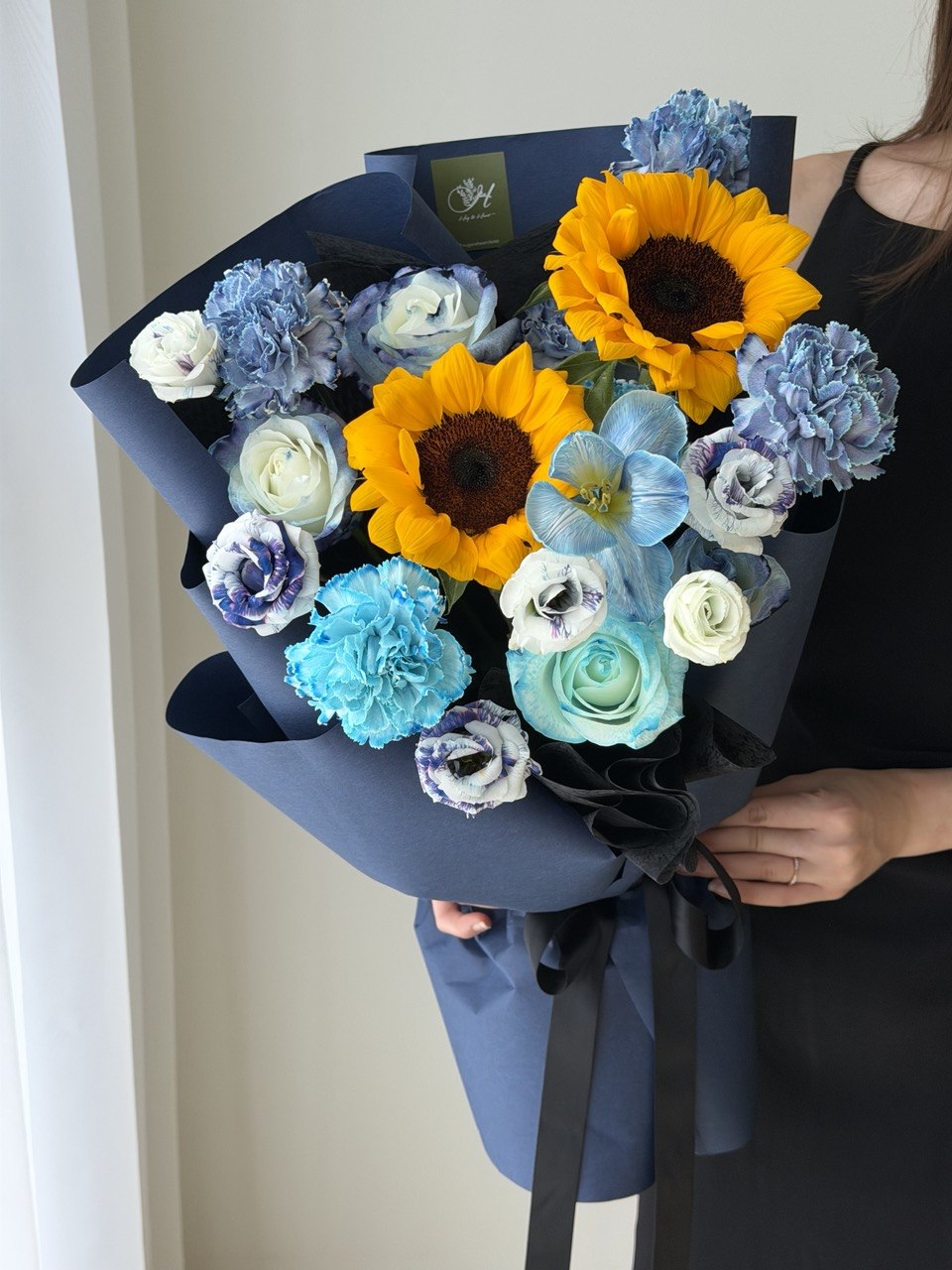 Elegant sunflower graduation bouquet with blue and dark blue flowers, tulips roses carnation mix Bukit Jalil same day flower delivery.