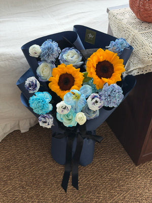 Premium sunflower bouquet with blue dyed tulips, soft roses and carnations, graduation bouquet delivery Bukit Jalil Selangor.