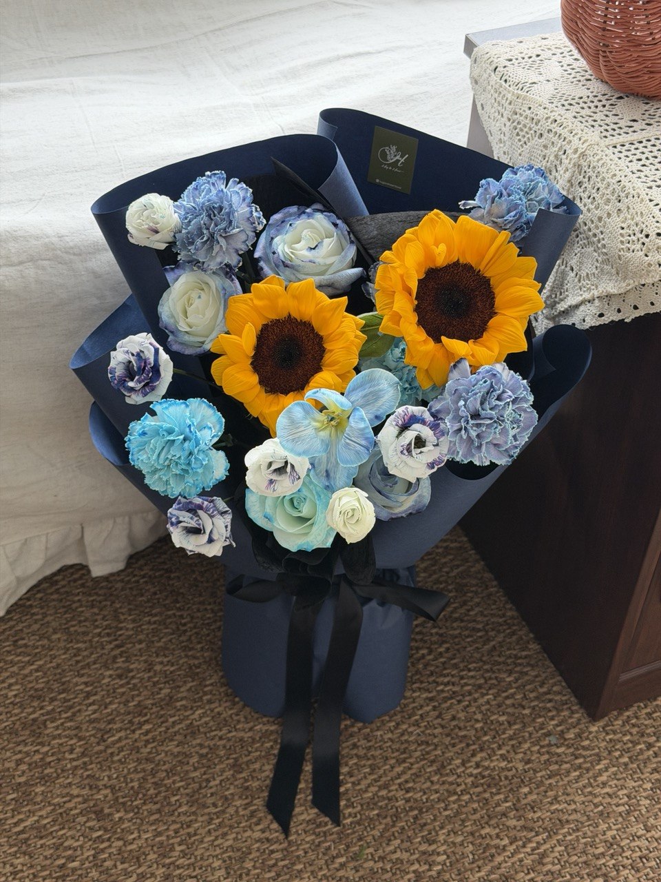 Premium sunflower bouquet with blue dyed tulips, soft roses and carnations, graduation bouquet delivery Bukit Jalil Selangor.