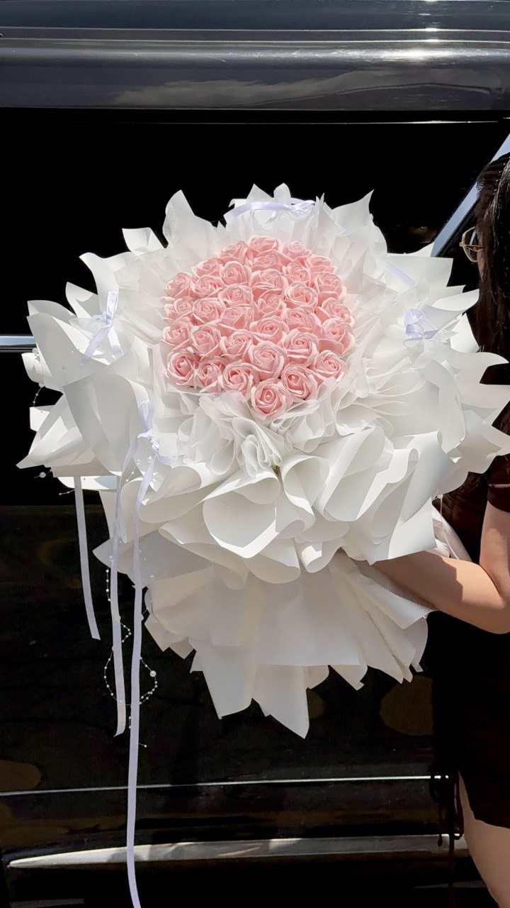 33 pink rose soap flower bouquet in elegant white wrapping, romantic proposal gift Kuala Lumpur same day delivery.