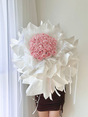 Premium pink soap flower bouquet 33 roses, romantic proposal gift idea Kuala Lumpur florist same day delivery.