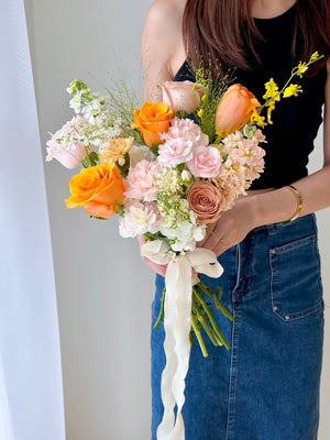 ROM wedding bouquet with pastel roses, carnations and tulips, elegant bridal hand bouquet prepared by Hug and Heart Florist Subang Jaya.