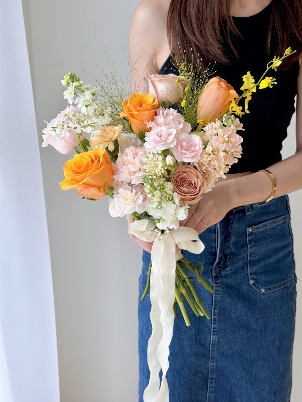 ROM wedding bouquet with pastel roses, carnations and tulips, elegant bridal hand bouquet prepared by Hug and Heart Florist Subang Jaya.