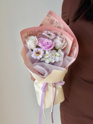 Soft pastel themed soap flower bouquet with roses and small floral accents, romantic Mother’s Day gift Kuala Lumpur florist same day delivery.