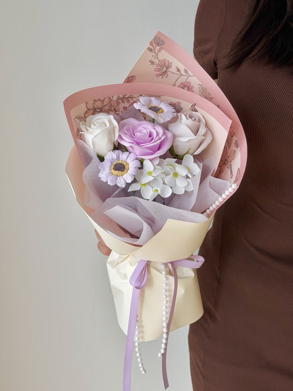 Soft pastel themed soap flower bouquet with roses and small floral accents, romantic Mother’s Day gift Kuala Lumpur florist same day delivery.