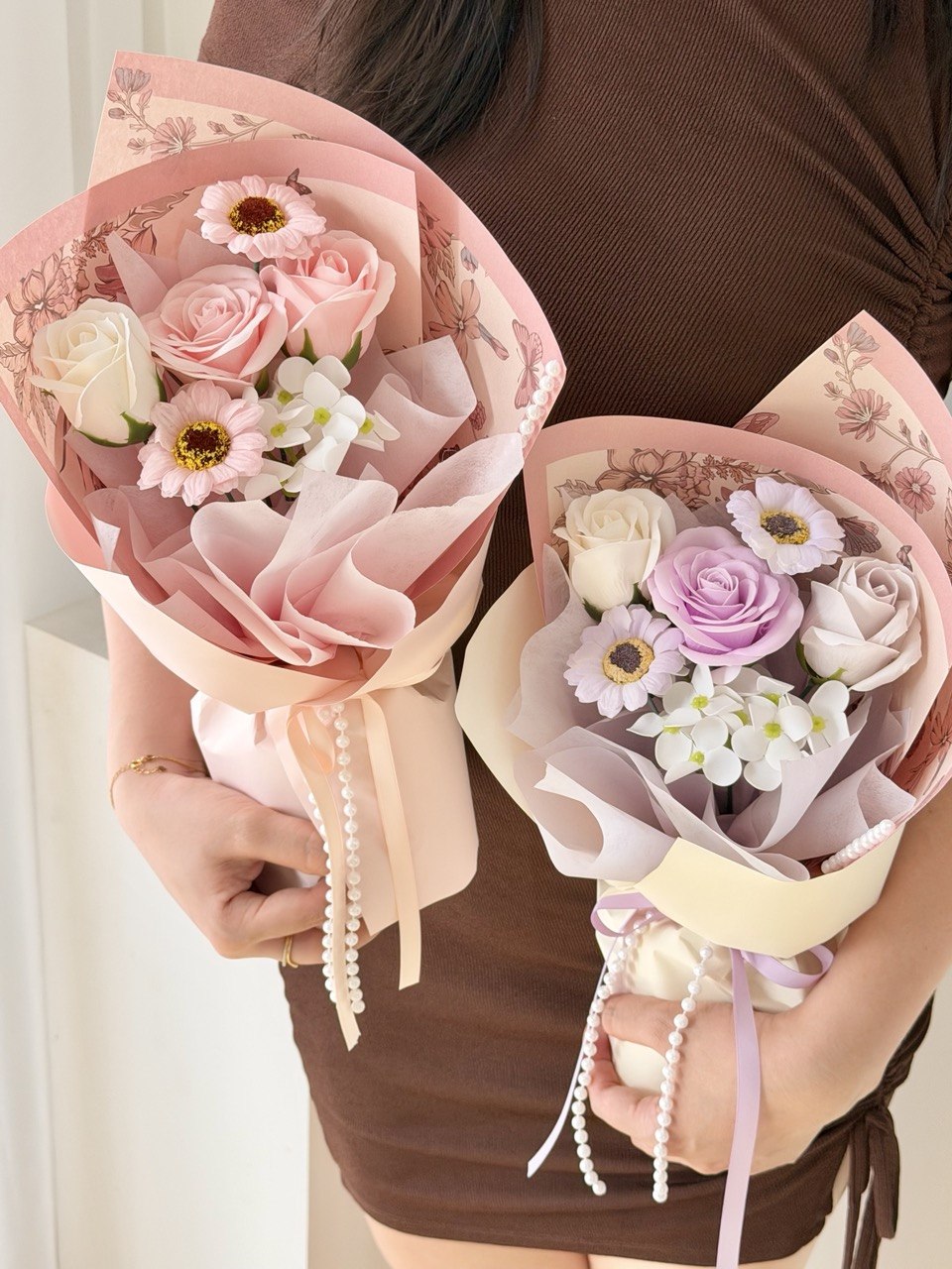 Mother’s Day soap flower bouquet in pastel pink and purple roses with daisy accents, elegant wrapping, perfect gift Kuala Lumpur same day delivery.