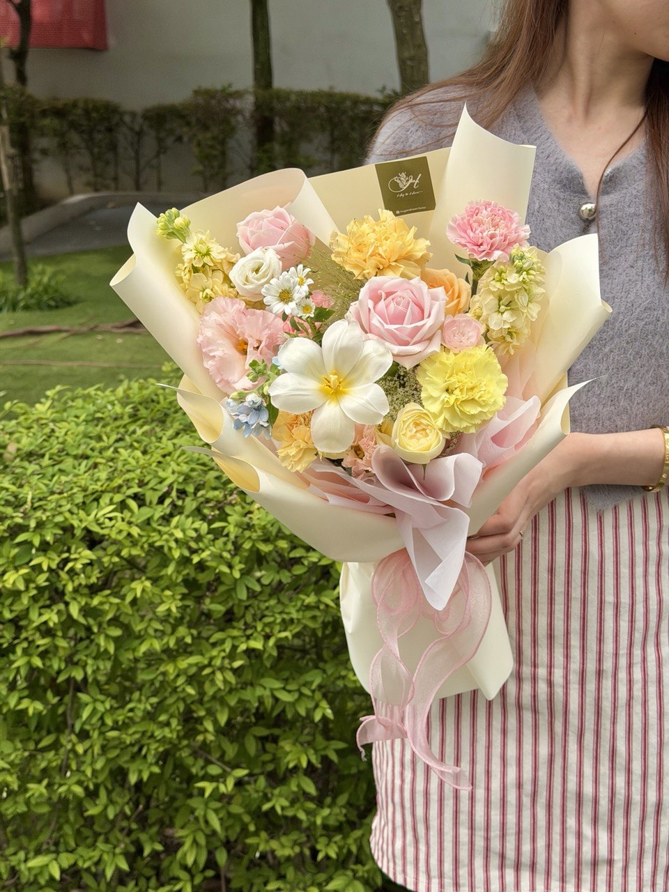 Artisanal mixed flower bouquet ready for same-day local florist delivery.