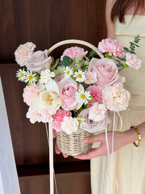 Housewarming flower basket with pastel roses, carnations and greenery, aesthetic floral gift in KL and Subang Jaya.