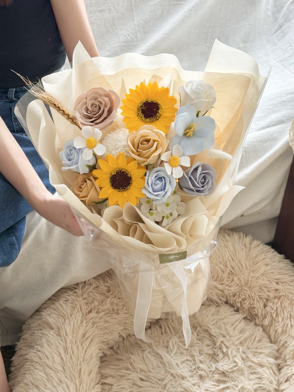 Graduation bouquet with soap flowers, sunflower and soft colour roses, ideal gift for university convocation Subang Jaya and Bukit Jalil.