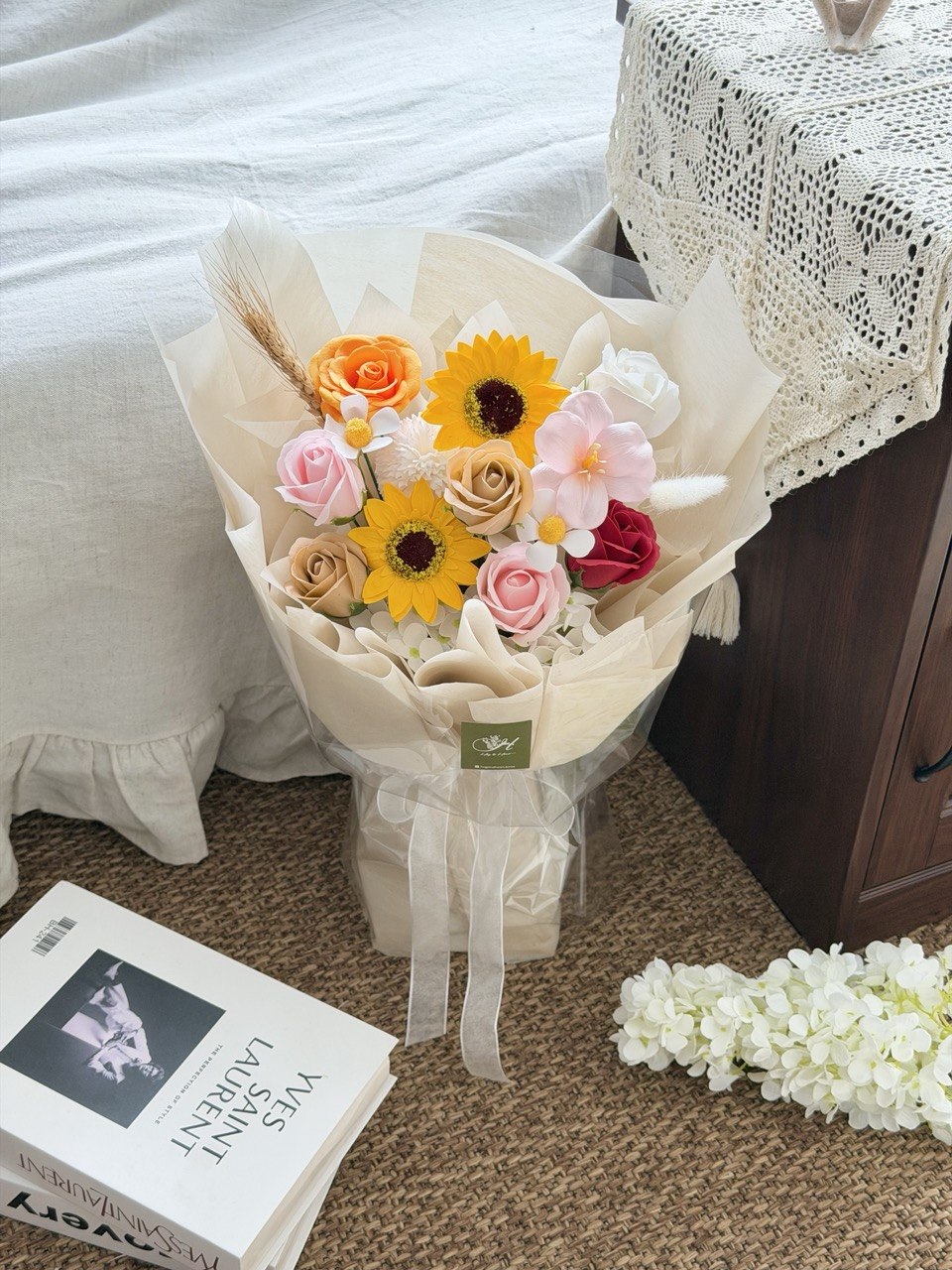 Elegant sunflower soap flower bouquet with mixed pastel roses for graduation ceremony gift in Selangor and KL.