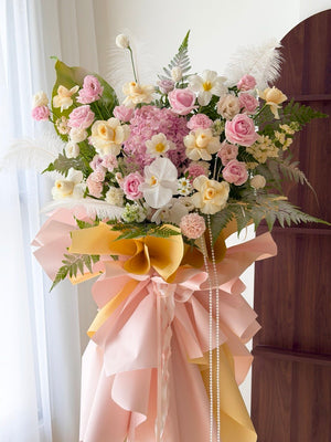 Elegant grand opening congratulatory flower stand featuring premium pink roses, white orchids, hydrangea and soft pastel blooms with same day delivery in KL & Selangor.