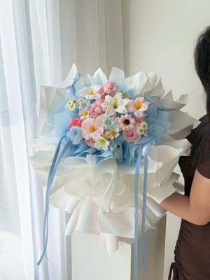 Premium soap flower arrangement with ballet style wrapping and soft pastel flowers, perfect for gifting at subang jaya, bukit jalil, kuala lumpur and selangor.