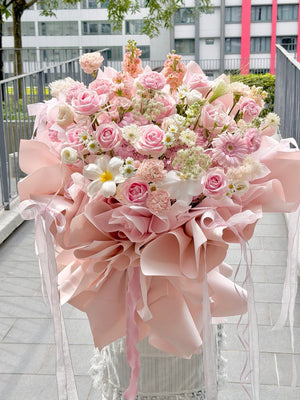 Luxury pink hydrangea bouquet with roses, carnations and pastel blooms, florist at Subang Jaya.