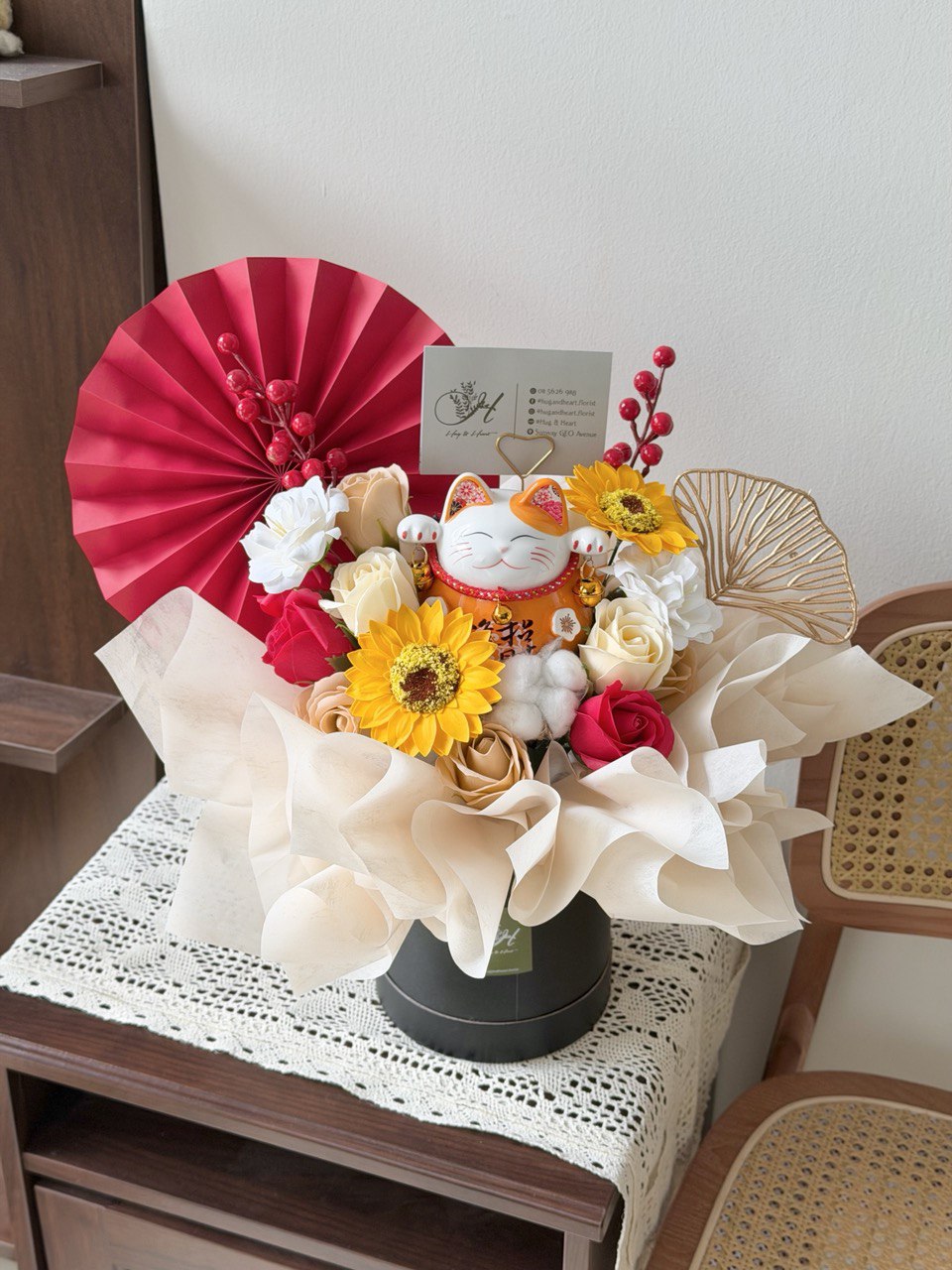 Maneki Neko lucky cat business opening flower stand with premium soap flowers, sunflowers and roses, perfect for shop opening, corporate launch and grand opening décor.