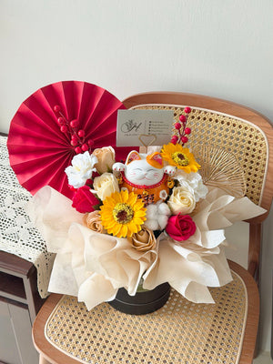 Business opening flower arrangement featuring a lucky cat figurine with soap flowers in modern box design, symbolising wealth, success and good luck for new business openings.