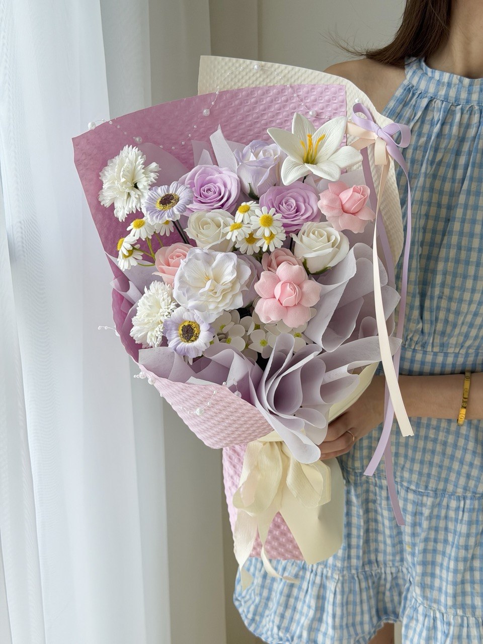 Luxury pastel purple soap flower arrangement with pink and white roses, everlasting bouquet gift that lasts over 1 year perfect gift idea.