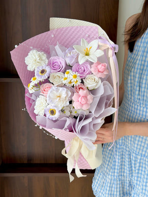 Elegant purple theme soap flower bouquet with roses, daisies, and lily blooms, perfect long-lasting gift for birthdays and anniversaries, same day flower delivery accross Kuala Lumpur and Selangor.
