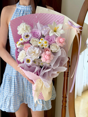 Handmade purple and pink soap flower bouquet with premium wrapping, beautiful decorative floral gift for girlfriend or wife, same day flower delivery Kuala Lumpur.
