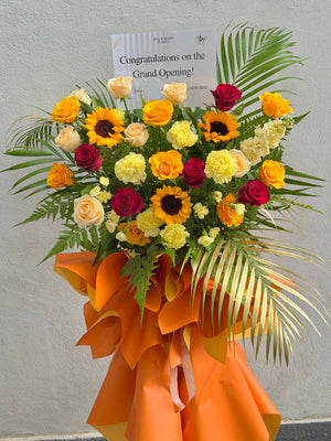 Orange theme with sunflower grand opening flower stand perfect for business opening flower stand gifting with delivery at Kuala Lumpur.