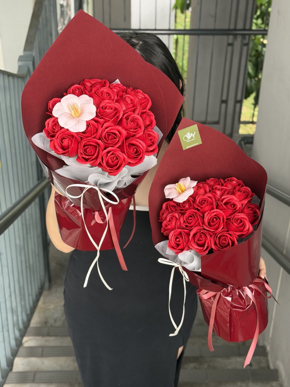 20 stems red rose soap flower bouquet with 1 peach tulip, handcrafted by Hug and Heart Florist, same day delivery available in Kuala Lumpur and Selangor.