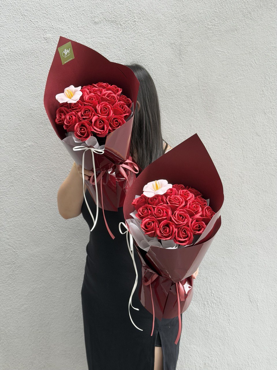 Handcrafted 20 red rose soap flower bouquet with peach tulip accent by Hug and Heart Florist, offering same day delivery across KL and Selangor.