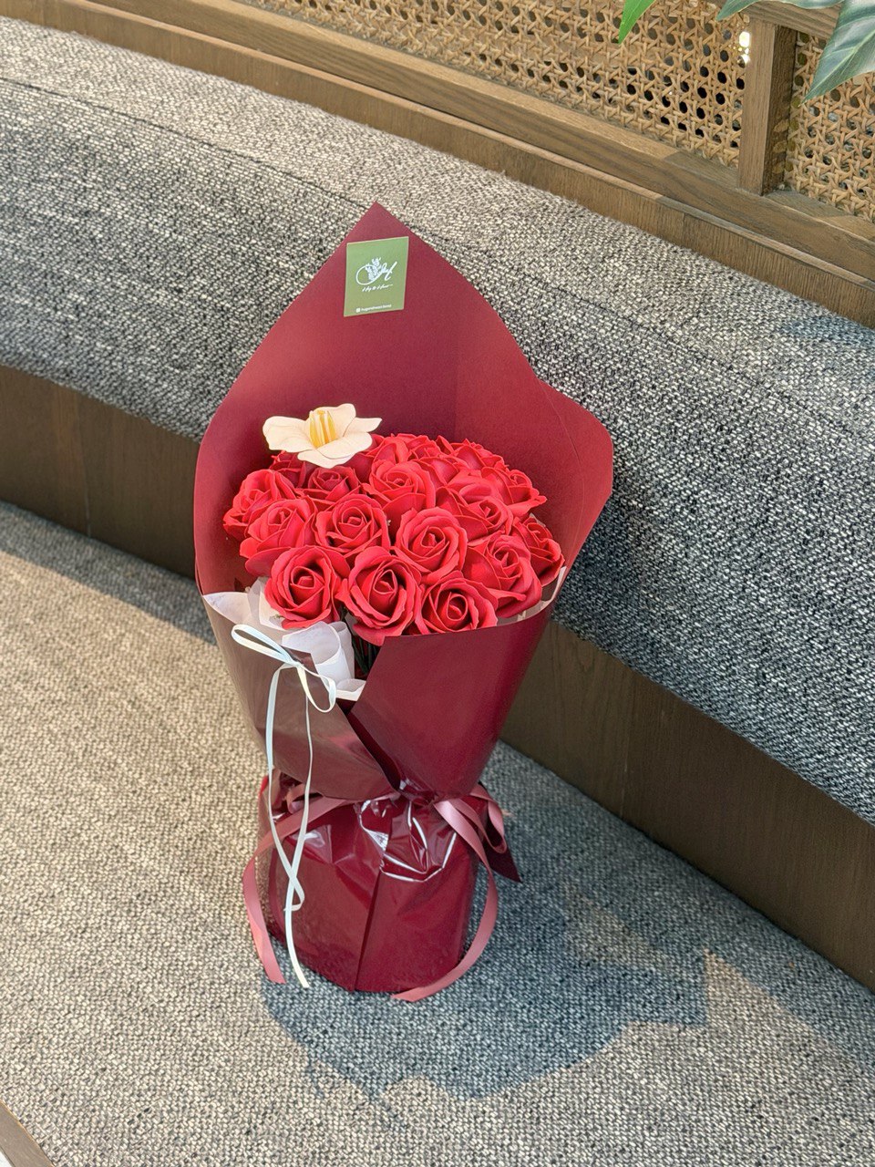 Luxury soap flower bouquet of 20 red roses and 1 peach tulip by Hug and Heart Florist, perfect for gifts with same day delivery in Kuala Lumpur and Selangor.