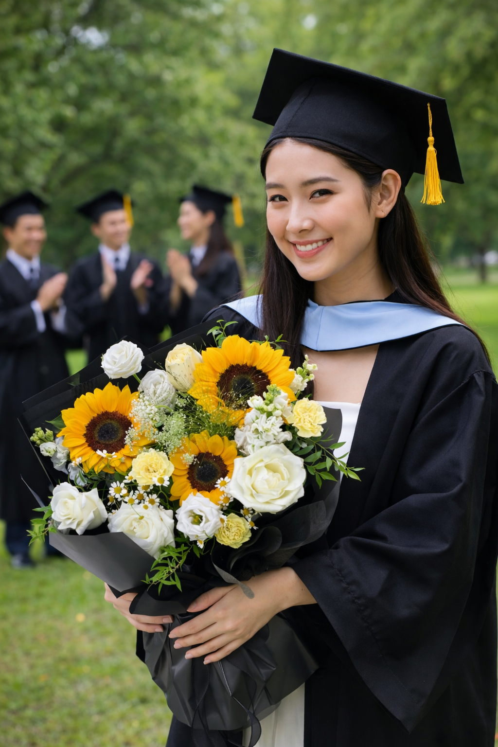 Graduate holding a bouquet of flowers with classmates in the background.