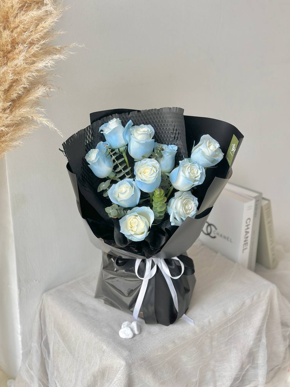 Chany White Rose Sprayed Blue Bouquet