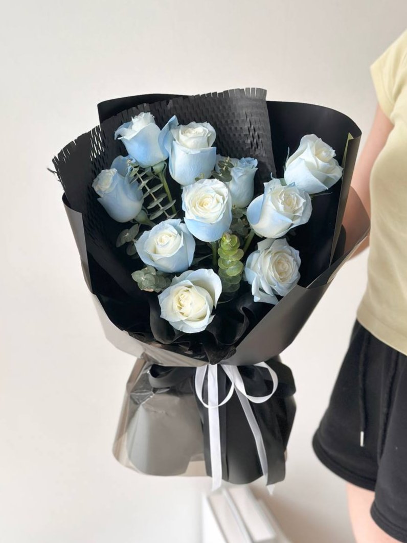 Chany White Rose Sprayed Blue Bouquet